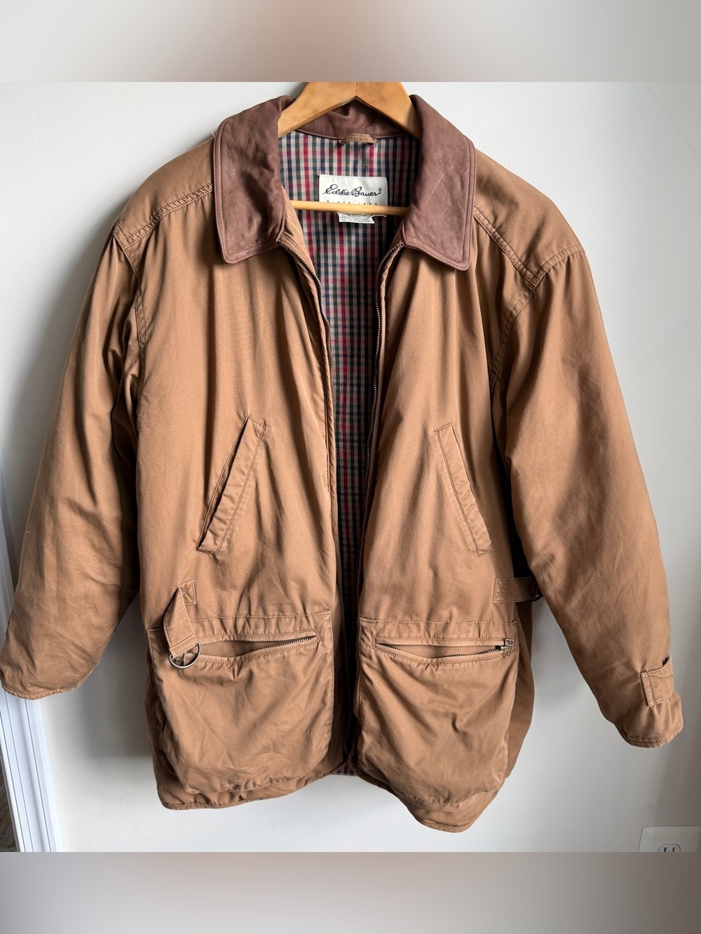 Y2K Eddie Bauer Goose Down Flannel Lined Thick Jacket Leather Collar Womens S
